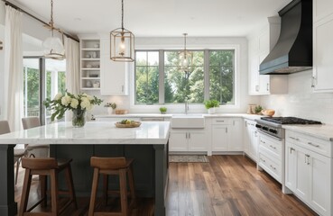 Luxurious modern kitchen with white cabinets, marble island, hardwood floors. Features farmhouse sink, large window with rich plants view, elegant pendant lights. Spacious, well-lit room combines