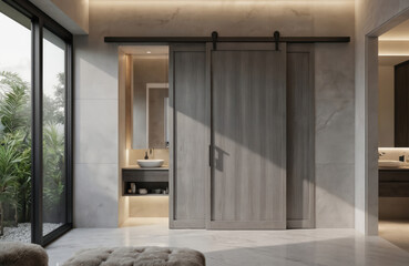 Sliding gray wooden panel door opens to modern bathroom. Natural elements blend with contemporary design, featuring marble floor and rich greenery visible through large window. Elegant home interior.
