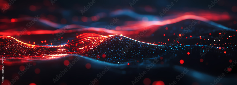 Poster abstract digital landscape of shimmering red and blue particles, creating a dynamic wavy pattern