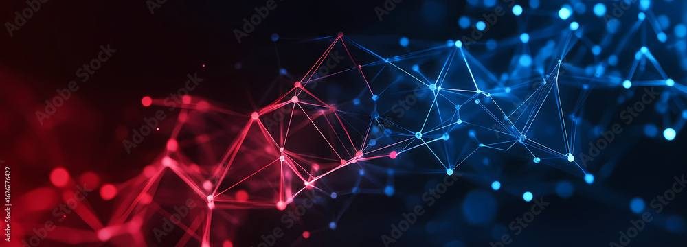 Poster abstract digital network connection with glowing blue and red dots on a dark background, representin