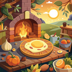 Whimsical Autumn Kitchen Scene Vector  . Cozy Fall Cooking Illustration