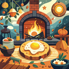 Whimsical Autumn Kitchen Scene Vector  Cozy Fall Cooking Illustration