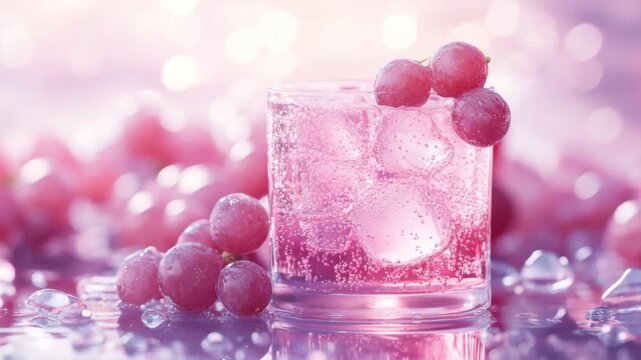 Refreshing Sparkling Grape Beverage in Clear Glass with Ice and Fresh Grapes on Pink Background 4k video footage