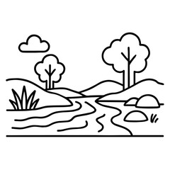  Winding River Landscape with Trees and Hills - Black and White Vector