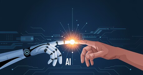  Human and robot hand touching, a symbol of artificial intelligence and technological advancement.
