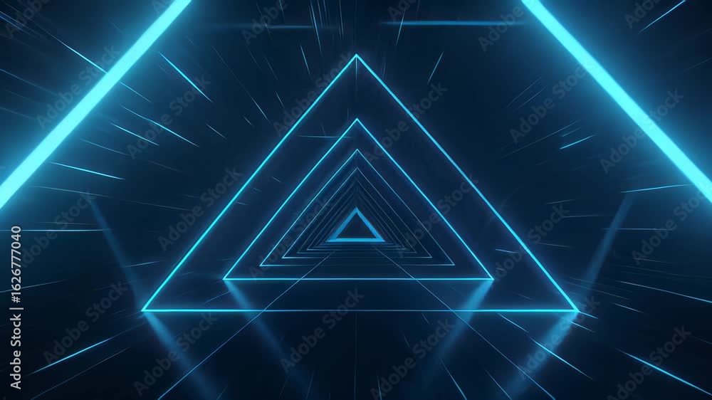 Poster dynamic zooming through glowing blue triangles depicting advanced technology and futuristic design e
