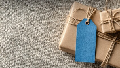 Stacked kraft paper gifts with a blue tag