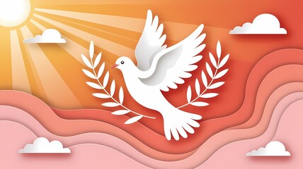  A paper-cut style illustration of a dove of peace holding olive branches against a radiant sun.