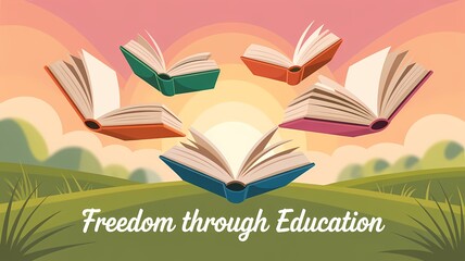 Books flying from an open book with Freedom through Education text, representing knowledge and learning
