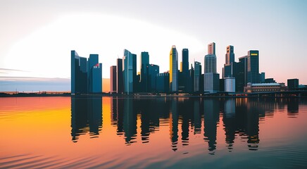  A panoramic view of a modern city skyline reflected in the water during golden hour