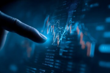 A hand interacts with a glowing digital stock chart on a dark background.