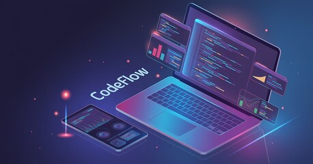  Futuristic laptop and mobile phone with a digital interface, representing software development and technology.