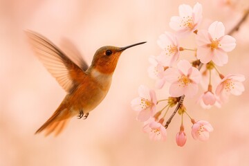 Fototapeta premium Rufous hummingbird hovering near delicate pink cherry blossoms in soft light nature wildlife