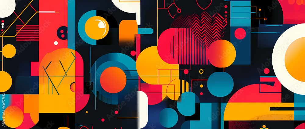 Poster dynamic abstract geometric pattern with vibrant colorful shapes creating a modern and energetic visu