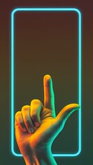  Hand pointing at a glowing neon smartphone screen with a blank space for content