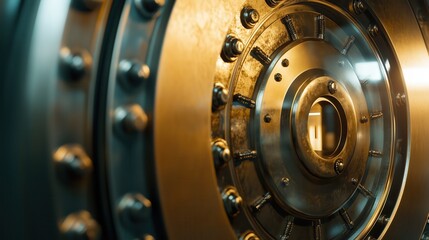 metal door of a bank vault with latches and locking mechanism.Heavy metal bank vault door with industrial latches and advanced locking mechanism for reliable protection of finances and assets