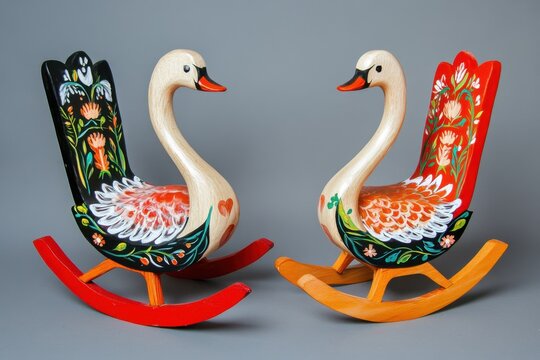 Colorful wooden rocking swans on display in a bright studio setting showcasing traditional craftsmanship