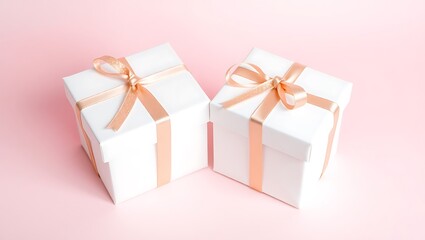 Obraz premium Two Elegant White Gift Boxes with Rose Gold Ribbons on Pink Background: Festive, Romantic, and Minimalist Design.