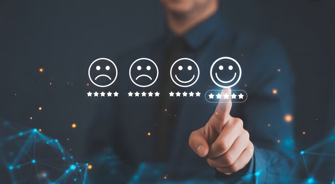 Customer feedback: A business professional selects the perfect smile from a scale of emojis representing customer satisfaction. Illustrating customer insight in the form of digital touch. 