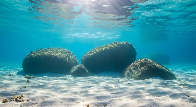 Underwater View of Boulders on Sandy Seabed, Sunbeams Shining Through Water