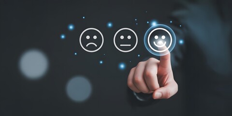 Customer Feedback Selection: A hand delicately selects a smiley face icon, reflecting a customer's positive sentiment and satisfaction within a user-friendly and innovative digital interface.
