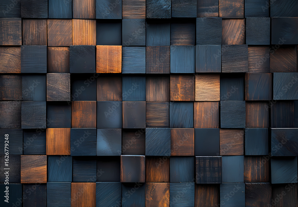 Aufkleber geometric wood blocks: an eye-level view showcases a modern wall composed of various wooden blocks, 