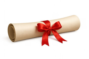 Rolled diploma with red ribbon on transparent background