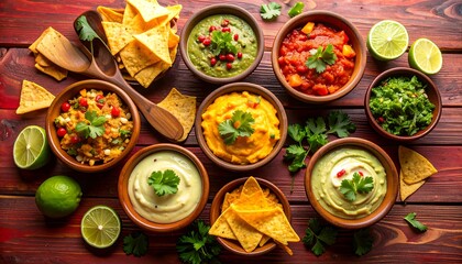 Colorful Variety of Dips and Tortilla Chips on Rustic Wooden Tabletop