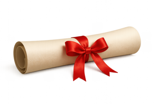 Rolled diploma with red ribbon on transparent background