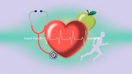  Cardiovascular health and fitness concept with a running man, heart monitor, and stethoscope.
