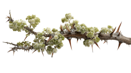 PNG of A striking branch adorned with vibrant green flowers and sharp thorns, showcasing nature's fierce beauty.