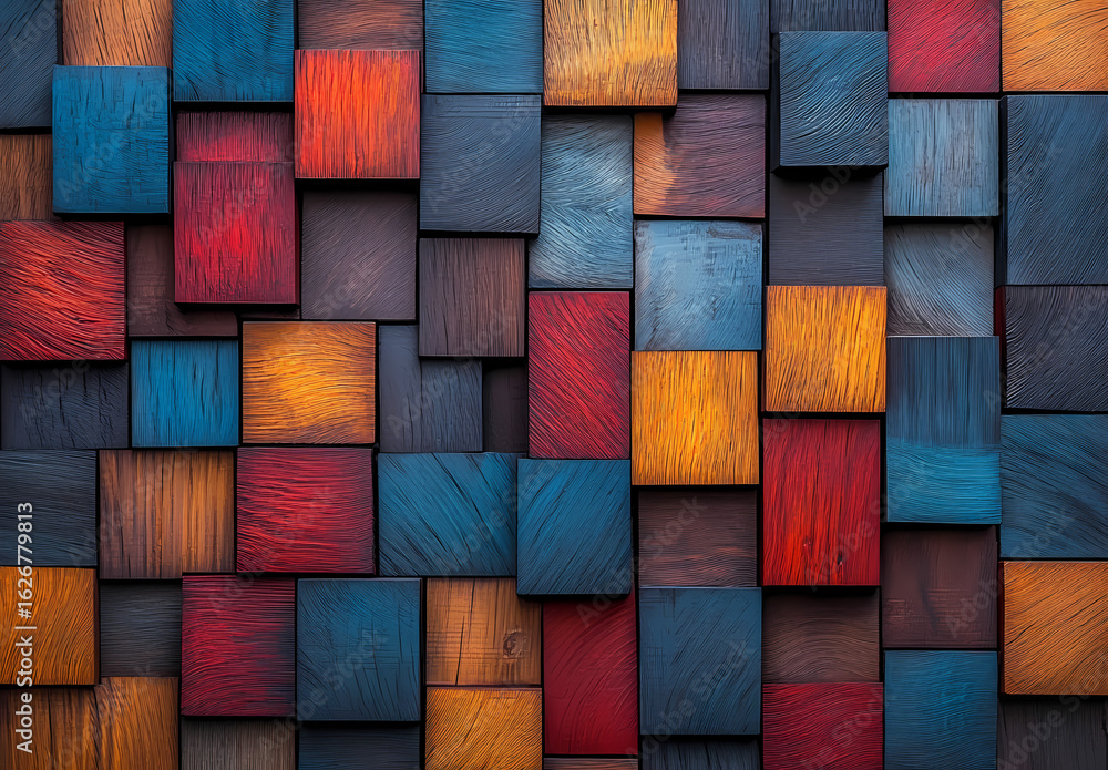 Poster colorful wood block display: a captivating arrangement of wooden blocks in a vibrant array of colors