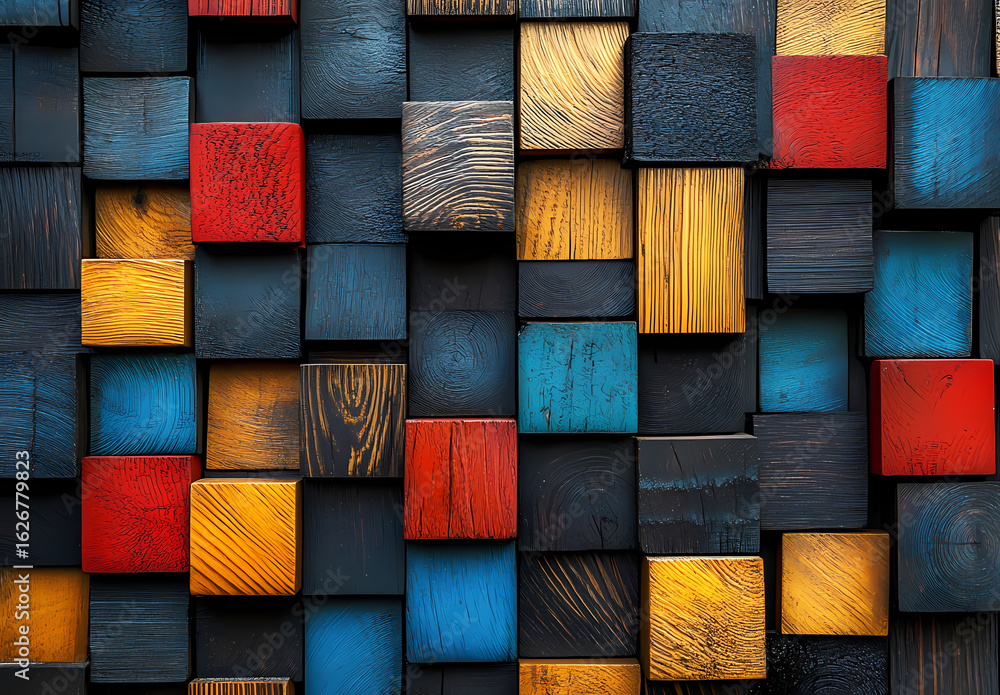 Poster vibrant wooden blocks: an array of colorful wooden blocks creates a visually captivating mosaic, sho