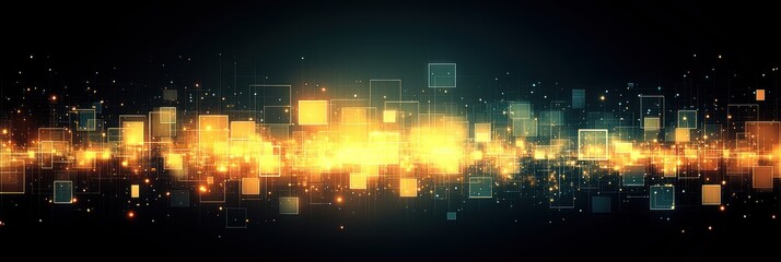 Obraz premium Dynamic bursts of golden light and colorful squares create an electrifying atmosphere