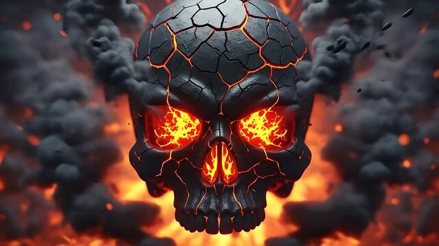 Fiery skull emerges, cracked texture, magma eyes, surrounded by smoke and flames, ideal for horror, gaming, metal music, Halloween, dark fantasy themes, VFX elements.