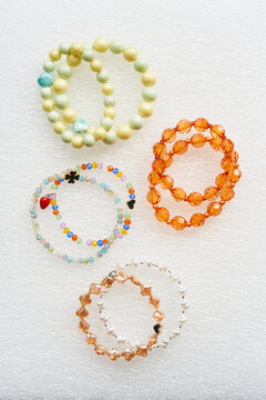 Top view of handcrafted beaded bracelets in vibrant colors