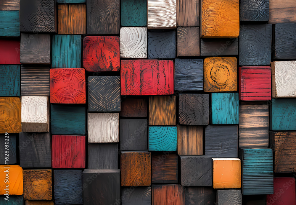Poster colorful wooden blocks: a vibrant array of wooden blocks in various shapes and colors, creating a te