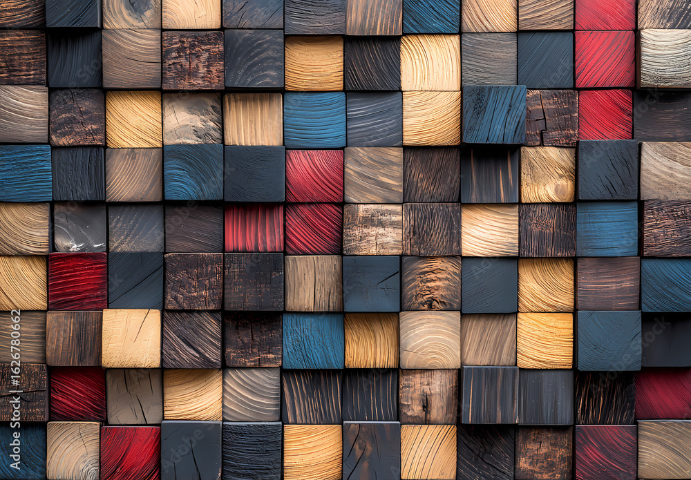 Poster multicolor wood blocks: this captivating high-angle image showcases a wall comprised of an array of 