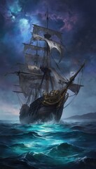 Fototapeta premium Menacing pirate galleon sails through stormy sea under dramatic, star-filled sky. Tattered sails bear skull, crossbones flags. Antique wooden vessel cuts through choppy blue waves, ornate bowsprit