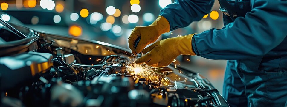 Close-up of car mechanic working on a vehicle engine. Sparks fly as work is done