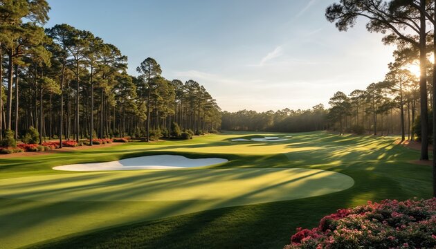Pristine golf course featuring rich green fairways, white sand bunkers, towering pine trees. Vibrant azalea bushes add color under golden hour sunlight creating long shadows across manicured