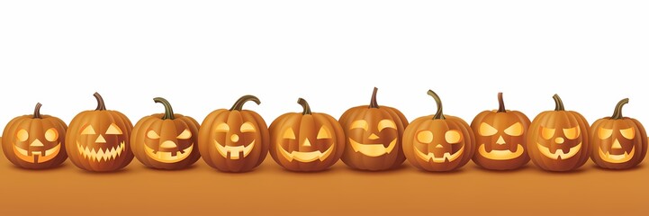  A row of smiling, carved Halloween pumpkins