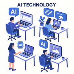 Schedule set. Characters using artificial intelligence generative tools for time management. Scheduling, task performance, calendar organizing concept. Vector illustration