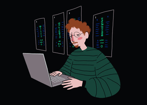 Developer working late on a laptop with multiple screens