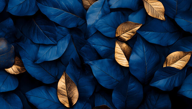 Golden Leaves on a Blue Bed: A close-up, high-angle view showcases a bed of vibrant blue leaves artfully accented with scattered golden leaves, creating a captivating interplay of textures, colors.