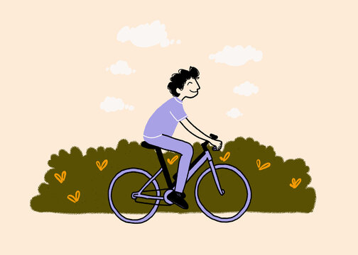 Cartoon illustration of a person cycling outdoors