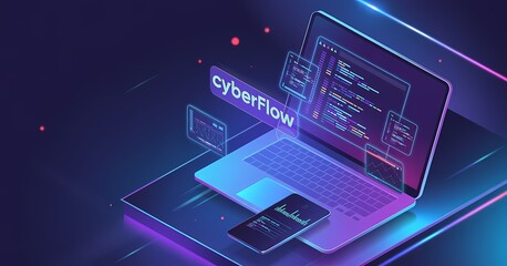 Abstract futuristic laptop displaying Cyber Flow with code and data