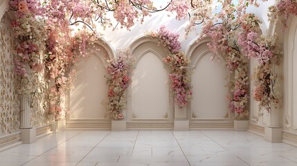 3D digital backdrop photo, floor-to-ceiling wall with floral arches and flowers, white walls with pink floral patterns, light beige floor tiles, soft lighting, romantic, pastel .