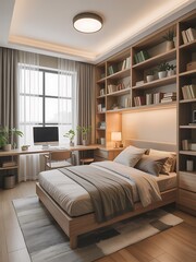 Light wood bedroom with desk and large bookshelf study