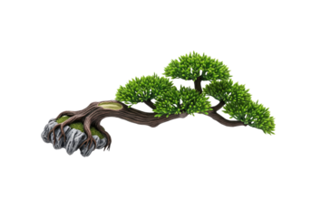 A small artificial bonsai tree on a rock with green leaves on a transparent background